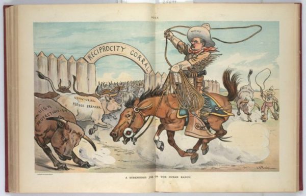 Teddy_Roosevelt_Cartoon A political cartoon depicting Theodore Roosevelt as a cowboy