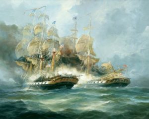 Painting of 2 naval ships at sea engaged in battle